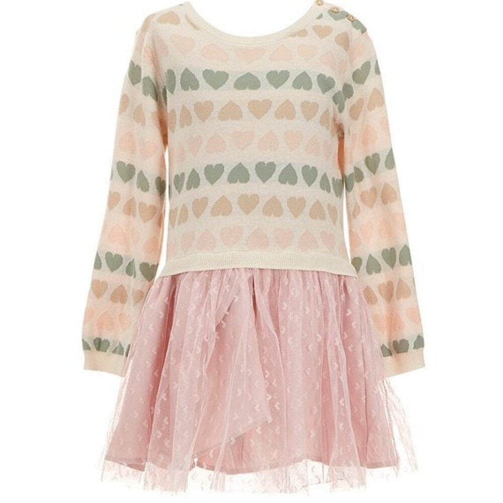 NWT - Rare Editions Girls Long Sleeve Heart-Patterned Sweater-Knit Bodice SZ 5